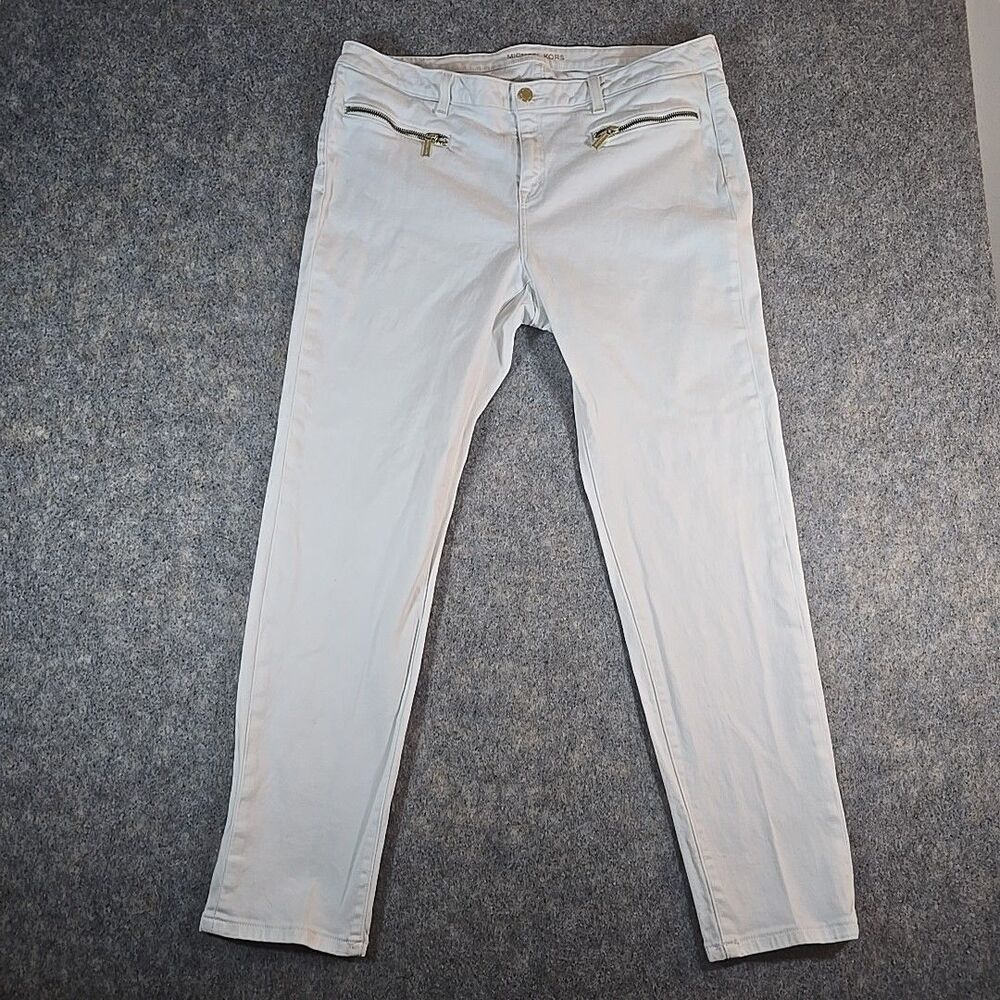 Michael Kors Jeans Izzy Skinny White Denim Size 16W Gold Zip Accents Stretch